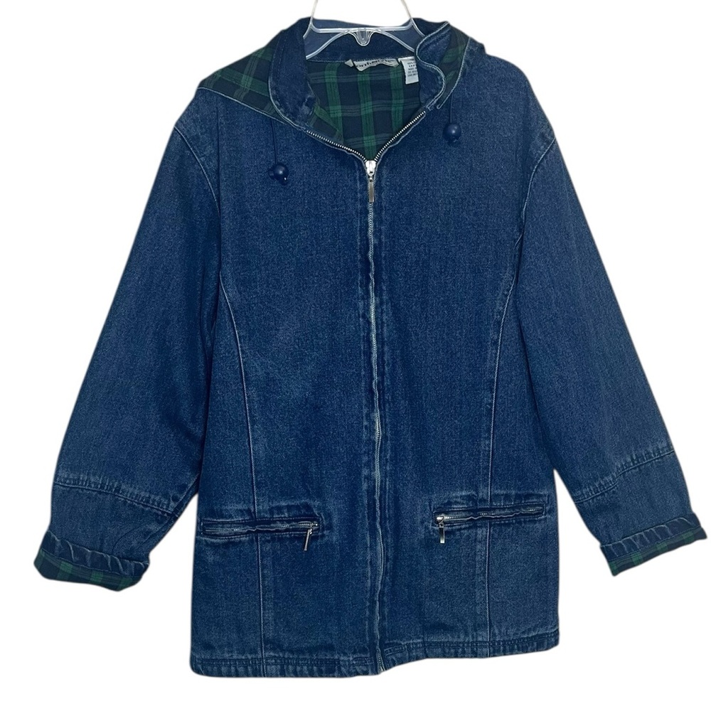 Vintage Denim Hooded Jacket Plaid Lined Zip Front Cozy Layer Sz M